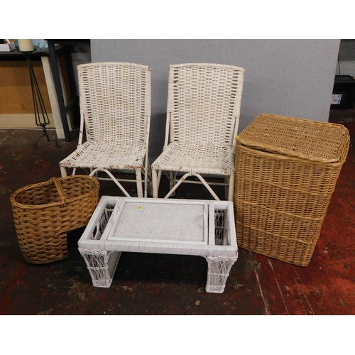 473 - Two rattan chairs, tray/table and two wicker baskets