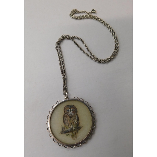 202 - Silver double sided pendant with owl hand painted on silk