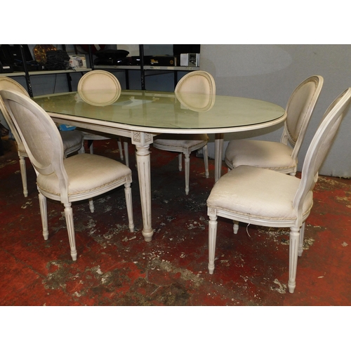 400 - Large glass topped dining table and six chairs