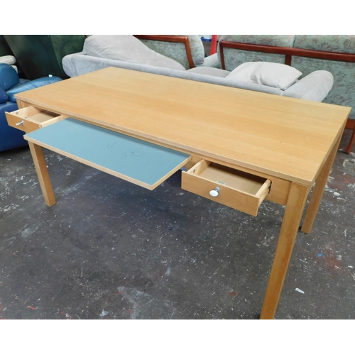 158 - Large beech coloured desk with pull-out tray and two drawers