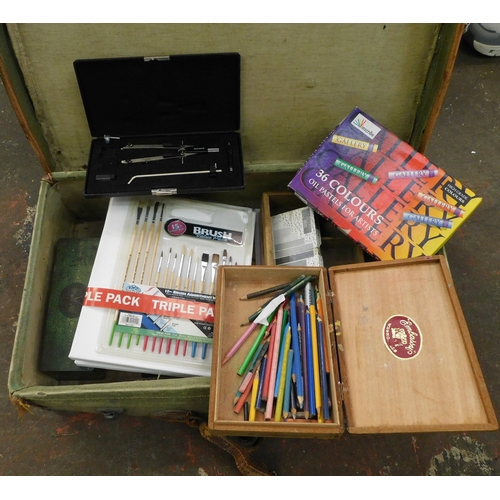 232 - Suitcase of art items - incl. brushes, pastels etc.