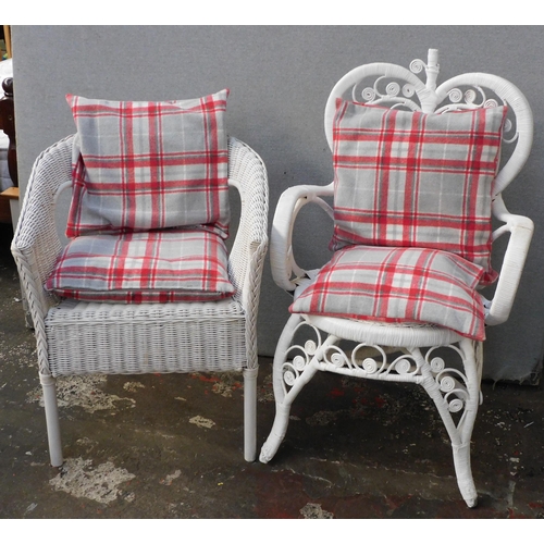 240 - Two painted wicker chairs with cushions