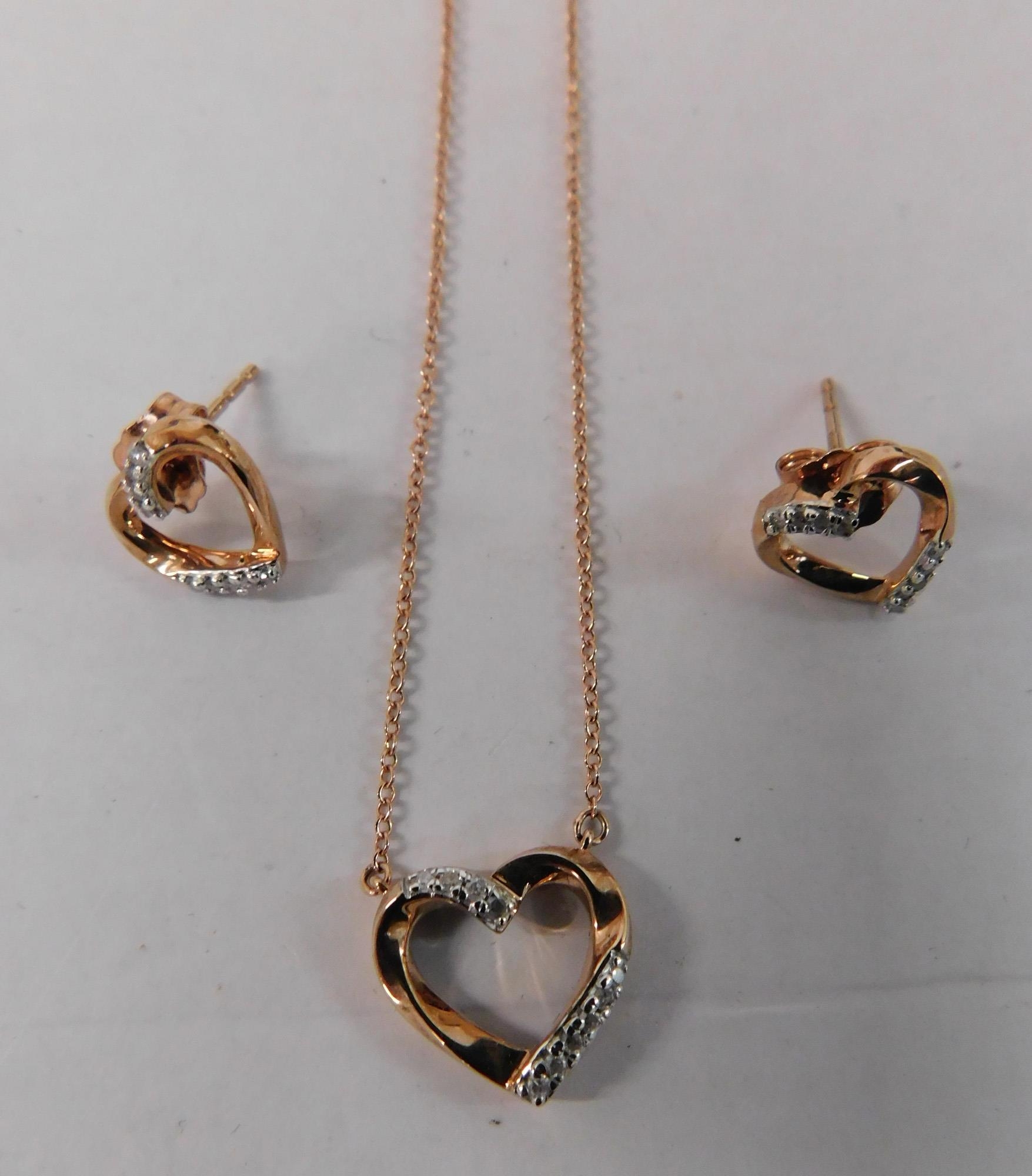 9ct Rose gold necklace set with diamonds with matching earrings