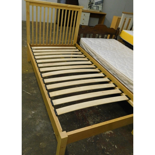 56 - Beech effect single bed frame - one slat missing