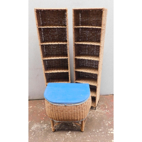 64 - Vintage rattan sewing basket and two shelving units