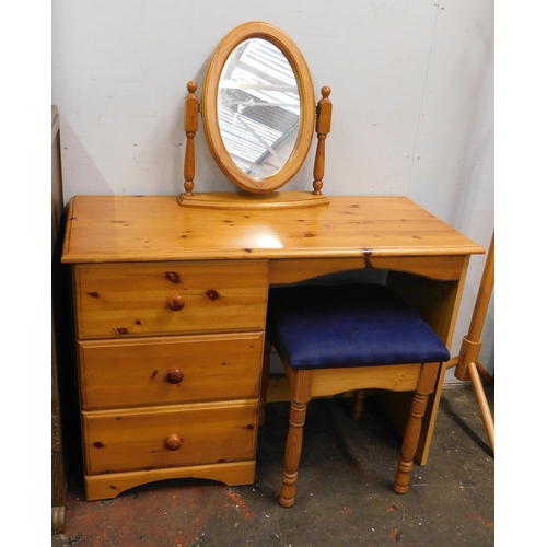 65 - Pine three drawer dressing table with mirror and stool