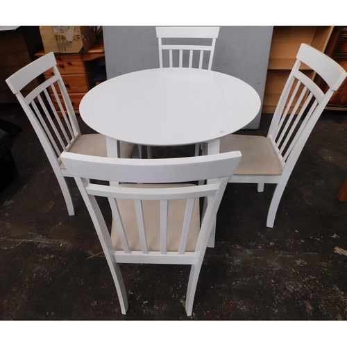 69 - Small modern white dropleaf table and four chairs