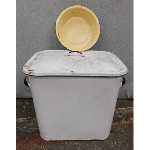 103 - Vintage enamel bread bin and cooking dish