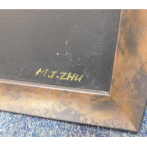 380 - Large framed fine art acrylic - by established Singapore artist M.T. Zhu - incl. paperwork, approx. ... 