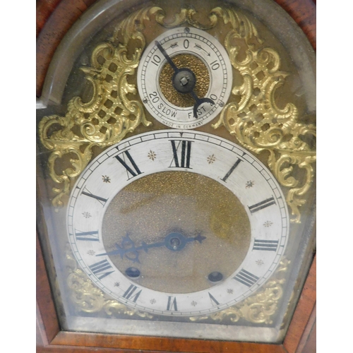 481 - Antique walnut chiming table clock with pierced brass fretwork with key - need attention