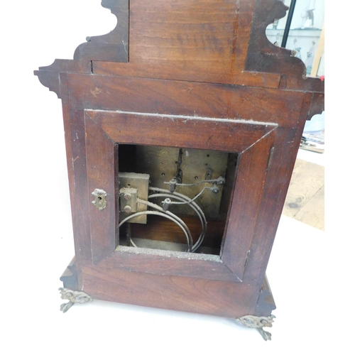 481 - Antique walnut chiming table clock with pierced brass fretwork with key - need attention