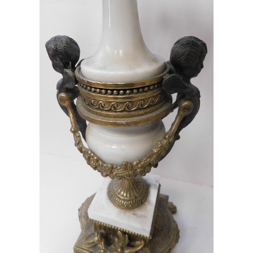 349 - Pair of Italian Brevettato brass and marble candelabras with bronze cherub detail