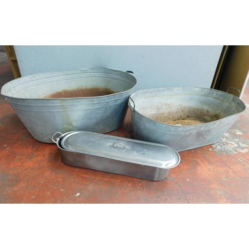 115 - 2x vintage galvanised bath tubs and one other