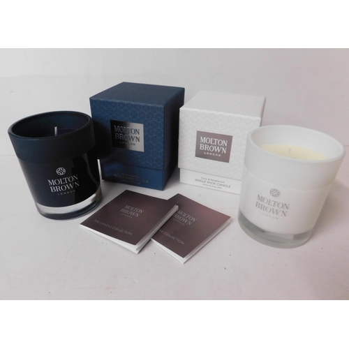 279 - Two Molton Brown single wick candles - Russian Leather and Coco & Sandalwood