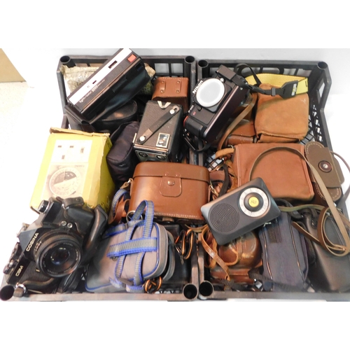 302 - Two trays of vintage cameras - incl. Kodak, Nikon etc.