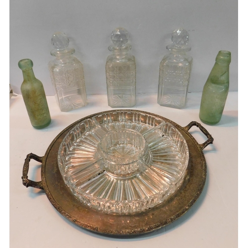 347 - Mixed items - incl: Silver plate centre piece, decanters and antique bottles