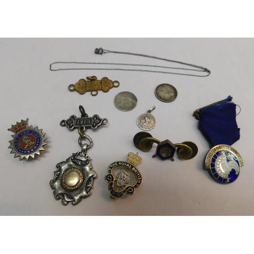 361 - Mixed items - incl. three silver fobs, necklace and St Christopher etc.