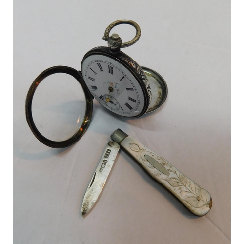 402 - Silver mother of pearl fruit knife and French silver ladies pocket watch