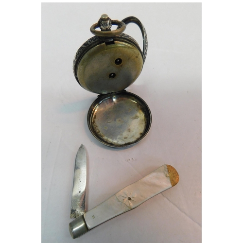 402 - Silver mother of pearl fruit knife and French silver ladies pocket watch