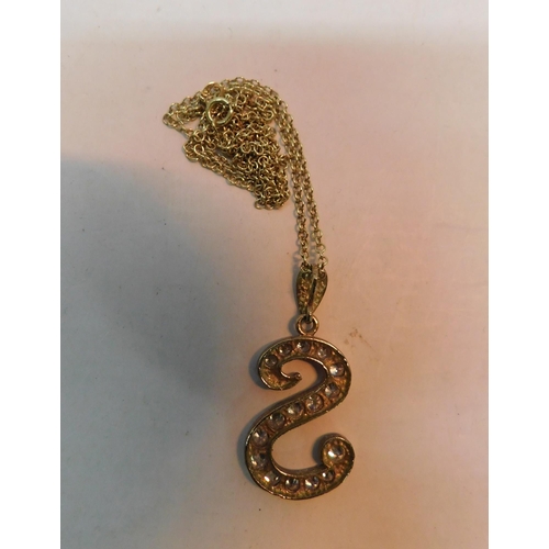 485 - 9ct Gold chain with 9ct 'S' pendant set with white stones - weight 4.4g