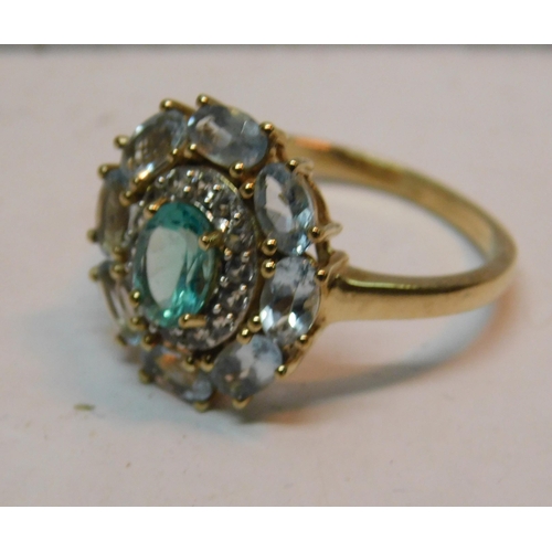 494 - 9ct Gold large cluster ring - with aquamarine and clear stone, weight 3.21g