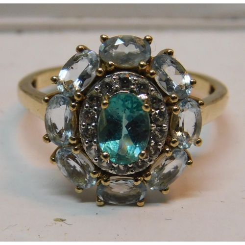 494 - 9ct Gold large cluster ring - with aquamarine and clear stone, weight 3.21g