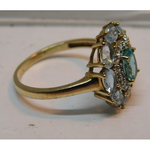 494 - 9ct Gold large cluster ring - with aquamarine and clear stone, weight 3.21g