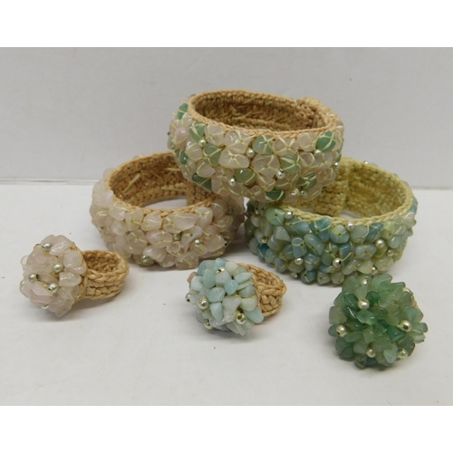 496 - Three handmade stone/bead bangles with matching rings