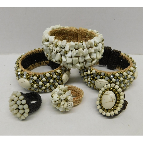 499 - Three handmade stone/bead bangles with matching rings