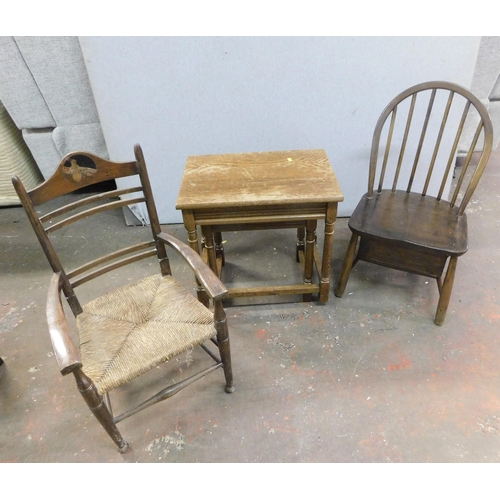 95 - Small Ercol style chair, nest of tables, wicker chair and small side table