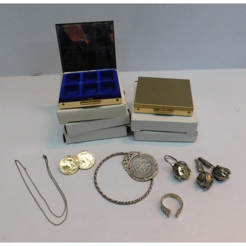 226 - Five vintage pill boxes and mixed gold plate and silver tone jewellery