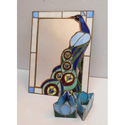 463 - Peacock leaded glass mirror and two tea light holders - no damage