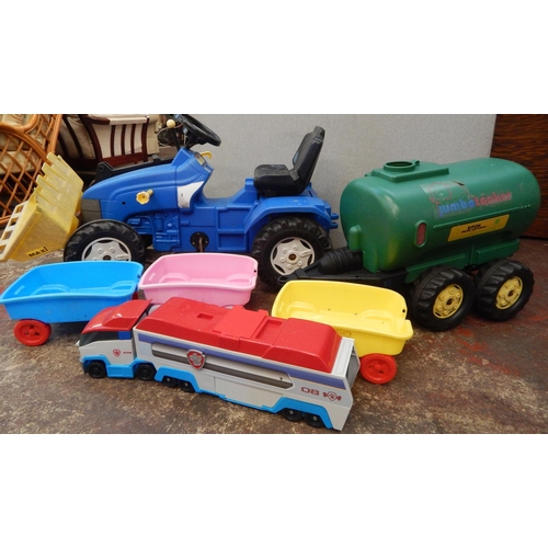 28 - Childrens ride on tractor and toy lorry etc.