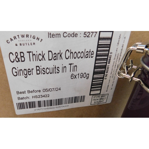 35 - 6 new Cartwright & Butler Thick Dark Chocolate Ginger Biscuits in tins BB 5/7/24