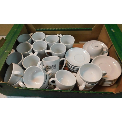 96 - White pottery; 10x coffee mugs, 12x Porrelite teacups and 16x saucers