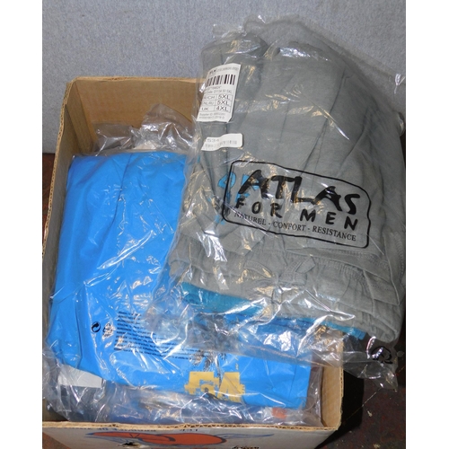 431 - Two boxes of mens oversized clothing including sportswear/shorts etc.