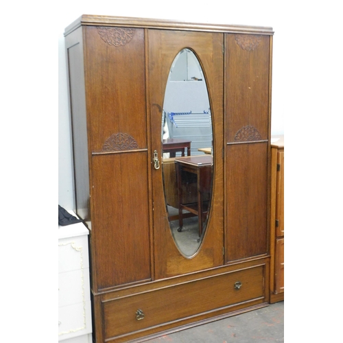 246 - Vintage mirrored oak wardrobe with drawer