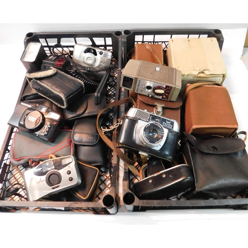 130 - Two trays of cameras - incl. Olympus, Halina etc.