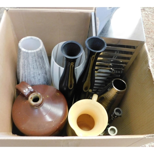 147 - Box of vases, lanterns, candle sticks and stoneware flagons