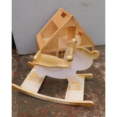 159 - Wooden dolls house and teddy bear rocker