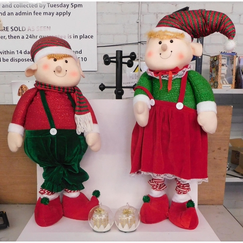 167 - Large pair of Christmas Elves with extendable legs and two glass baubles - approx. 36