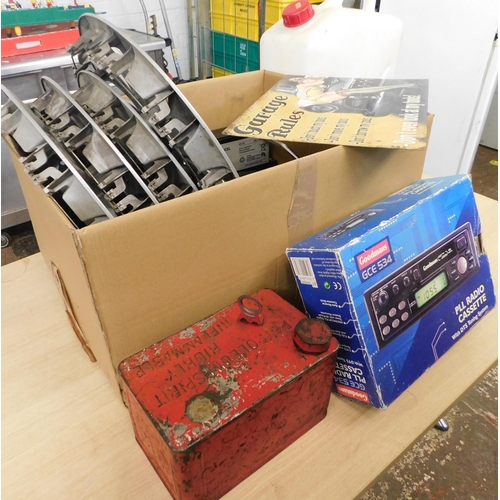 219 - Box of mainly car accessories - incl. VW wheel trims, stereo and petrol car