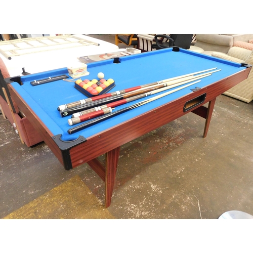 260 - 6' x 3' Pool table with balls, cues etc. (folding legs)