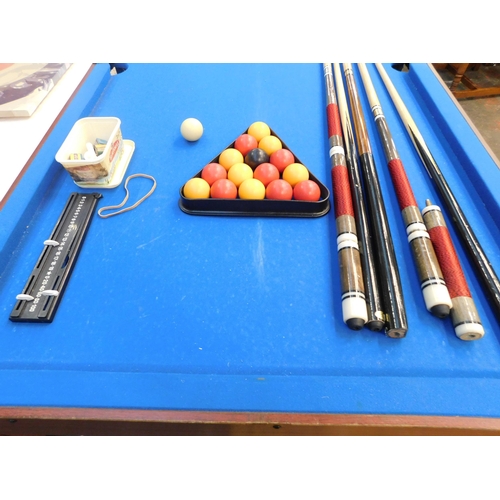 260 - 6' x 3' Pool table with balls, cues etc. (folding legs)