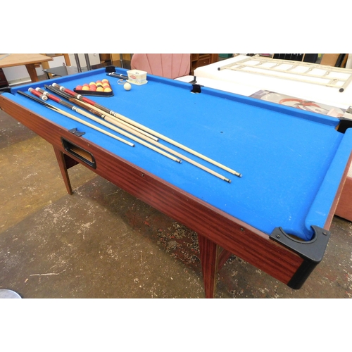 260 - 6' x 3' Pool table with balls, cues etc. (folding legs)