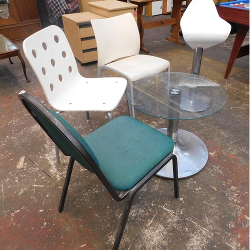 269 - Three chairs, bar stool and low circular glass table