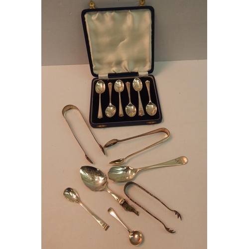 320 - Silver hallmarked spoons/tongs etc - total weight 197g