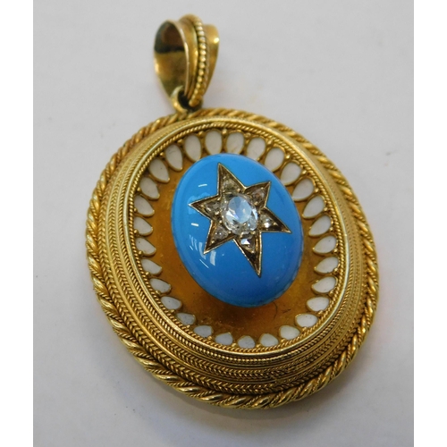 443 - Antique 15ct gold Victorian mourning pendant, diamond set in blue enamel with white enamel detail - ... 