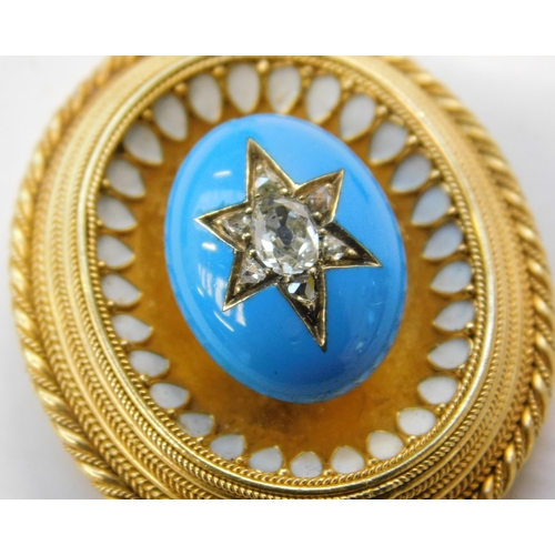 443 - Antique 15ct gold Victorian mourning pendant, diamond set in blue enamel with white enamel detail - ... 