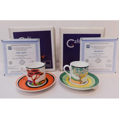 454 - Wedgwood Clarice Cliffe cafe chic 'Red Tree' and 'Secrets' cup and saucer set with COA and original ... 